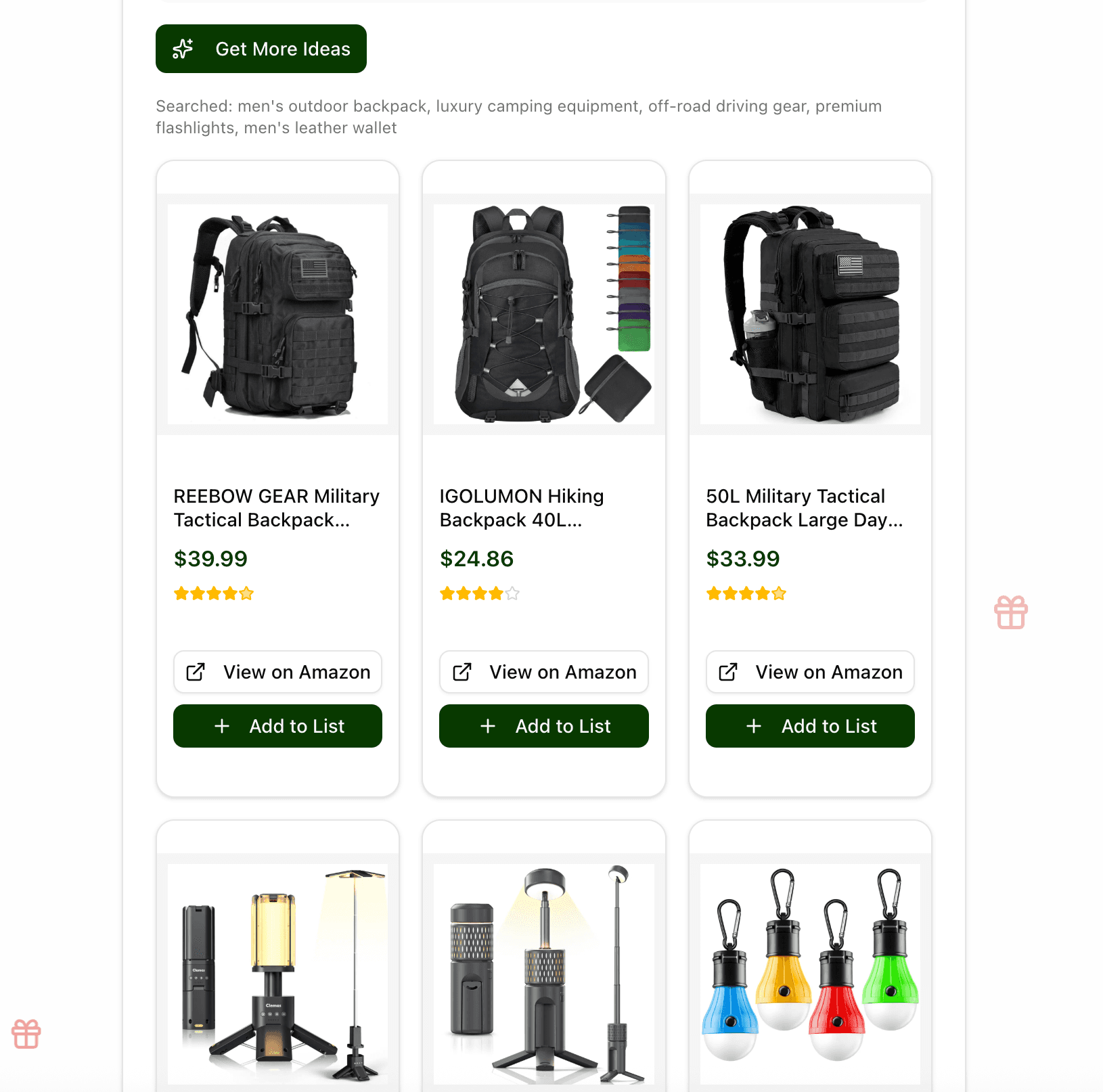 AI gift recommendations showing personalized product suggestions based on user interests