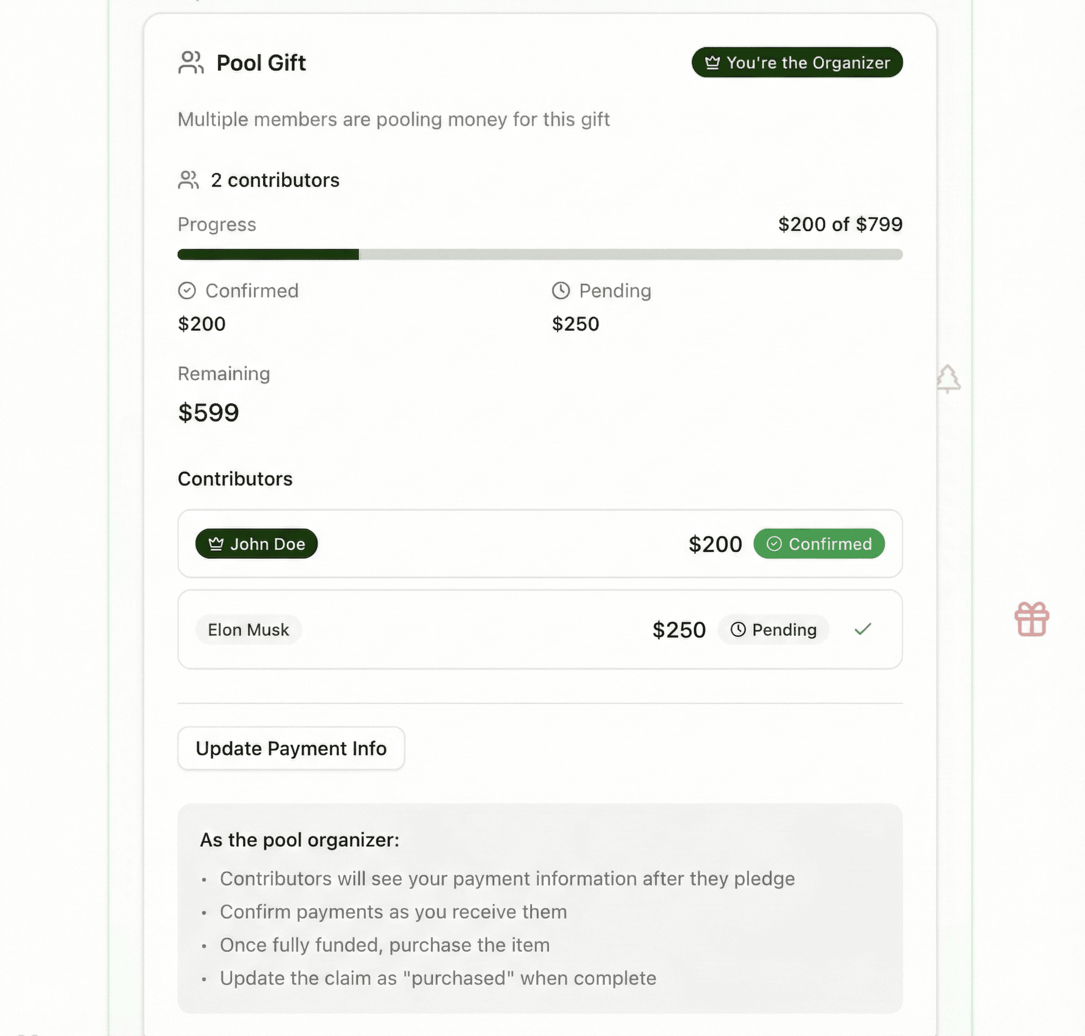 Gift pooling interface showing contribution amounts and progress bar toward fully funded gift
