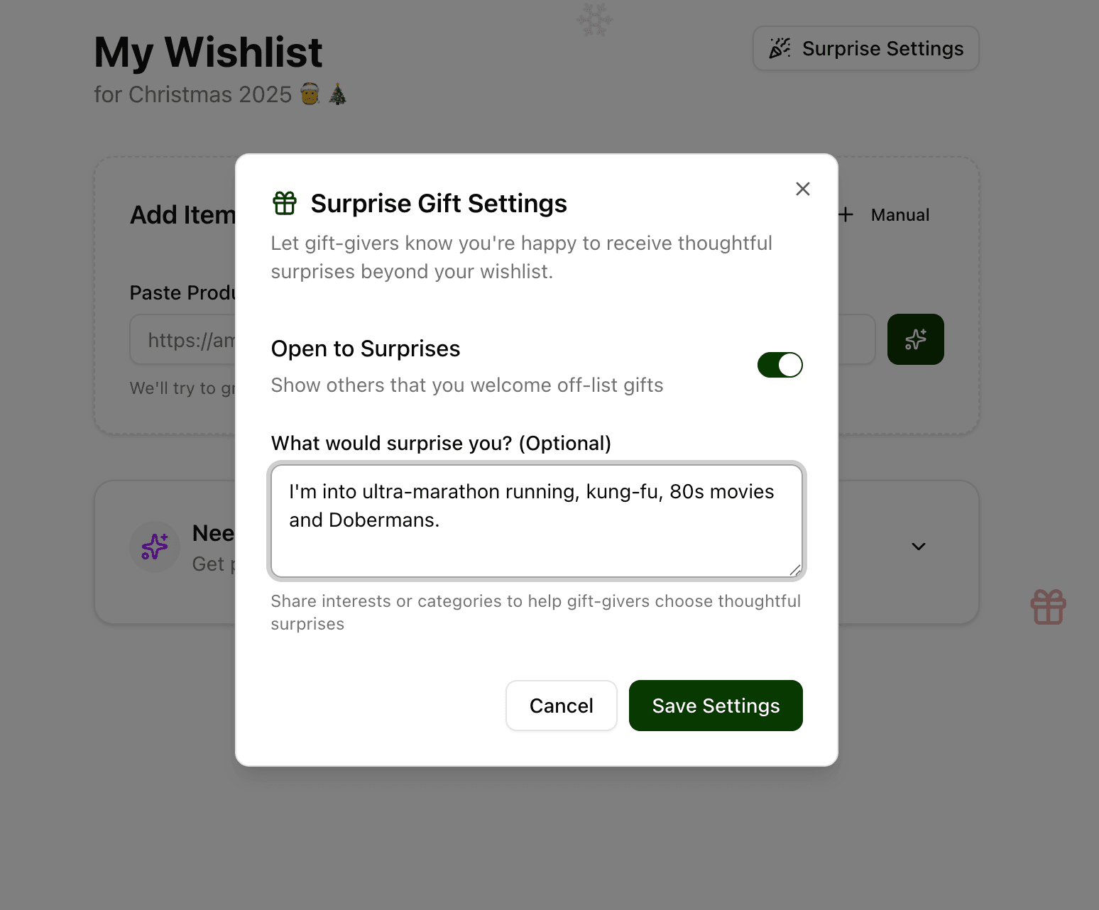 Surprise settings toggle showing interests like gardening and cooking gadgets