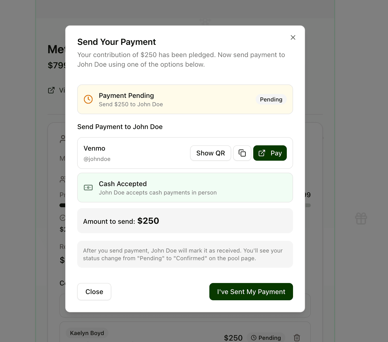 Payment settings showing Venmo, PayPal, and Cash options for pool contributions
