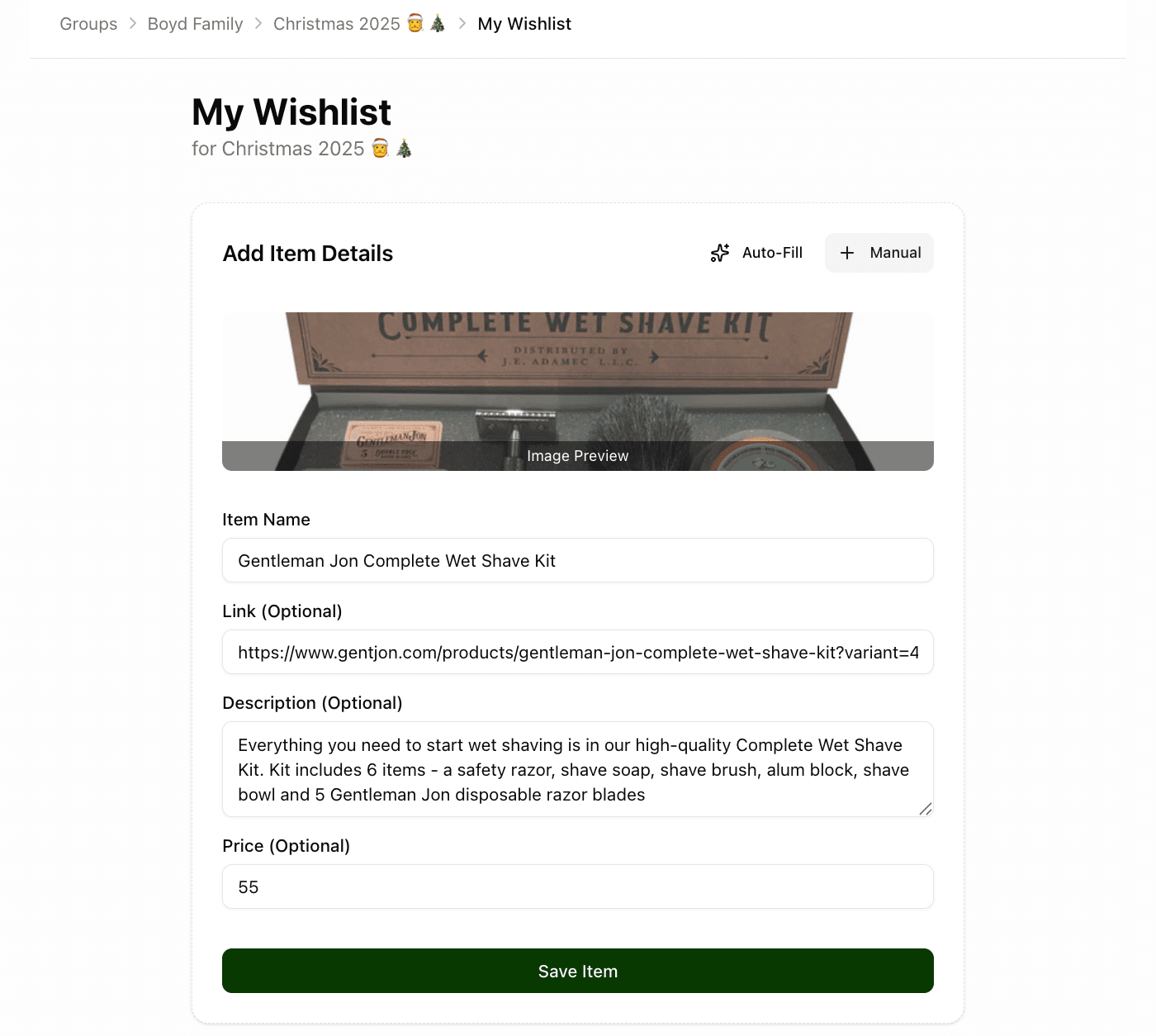 Add item form with URL input field showing auto-populated fields including product image, title, price, and description after pasting an Amazon product link