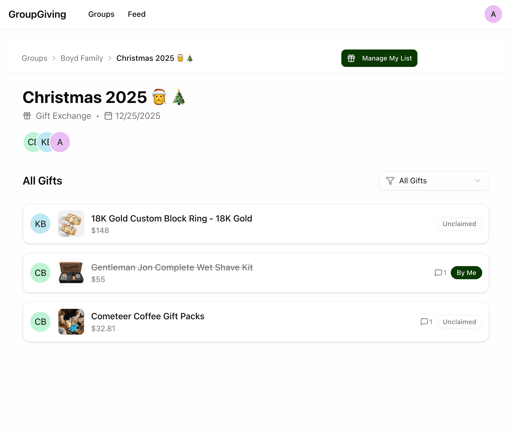 GroupGiving dashboard showing gift coordination interface with wishlists, claim status, and secret comments