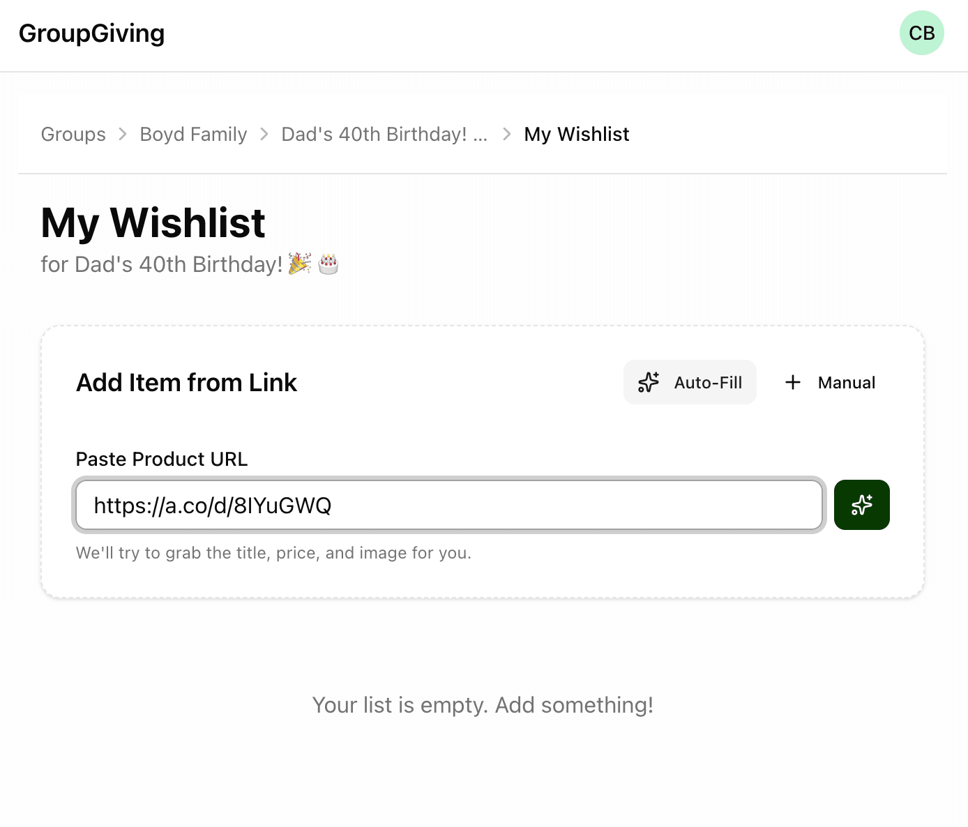 Add gift item form with URL input field showing auto-populated product details including image, title, price, and description